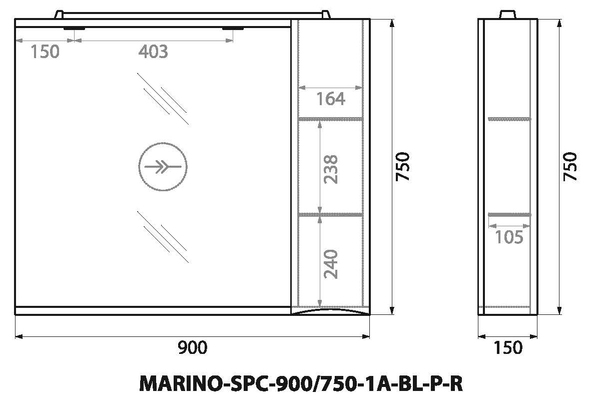MARINO Шкаф зеркальный подвесной с одной распашной дверцей с доводчиками, LED 2x4W, правосторонний, Bianco Lucido, 900х150х750, MARINO-SPC-900/750-1A-BL-P-R - Gidratop.ru изображение