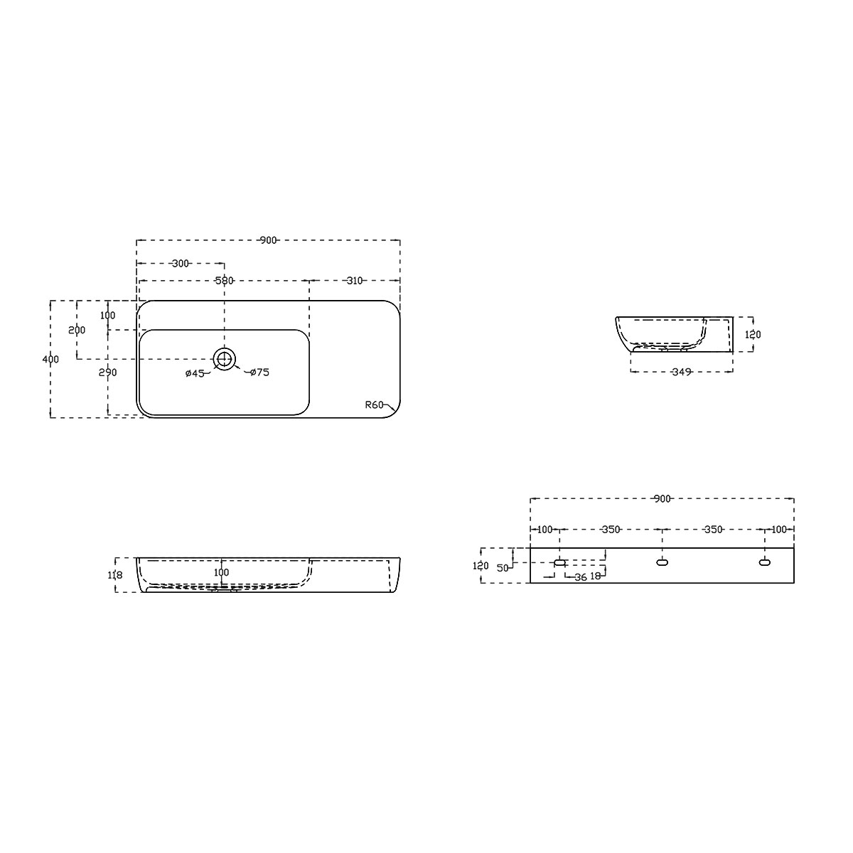 Раковина из искусственного камня Vincea VWB-6S590MW, 900*400*120, подвесная, цвет белый матовый - Gidratop.ru изображение