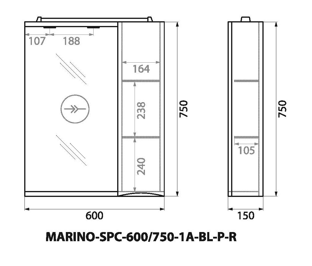 MARINO Шкаф зеркальный подвесной с одной распашной дверцей с доводчиками, LED 2x4W, правосторонний, Bianco Lucido, 600х150х750, MARINO-SPC-600/750-1A-BL-P-R - Gidratop.ru изображение