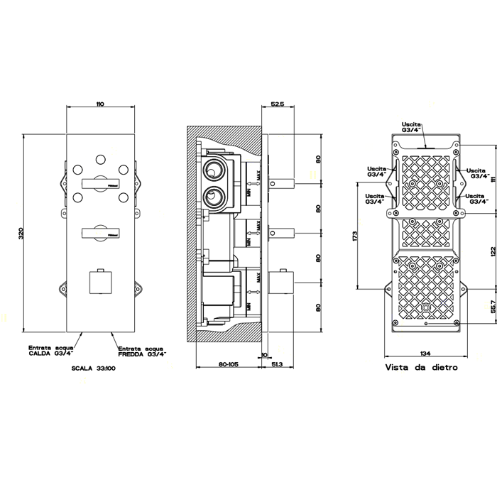 Gessi Rettangolo встраиваемый термостат, подключение на 3/4, с 5ю выходами и селектором(внешние части), цвет: хром - Gidratop.ru изображение