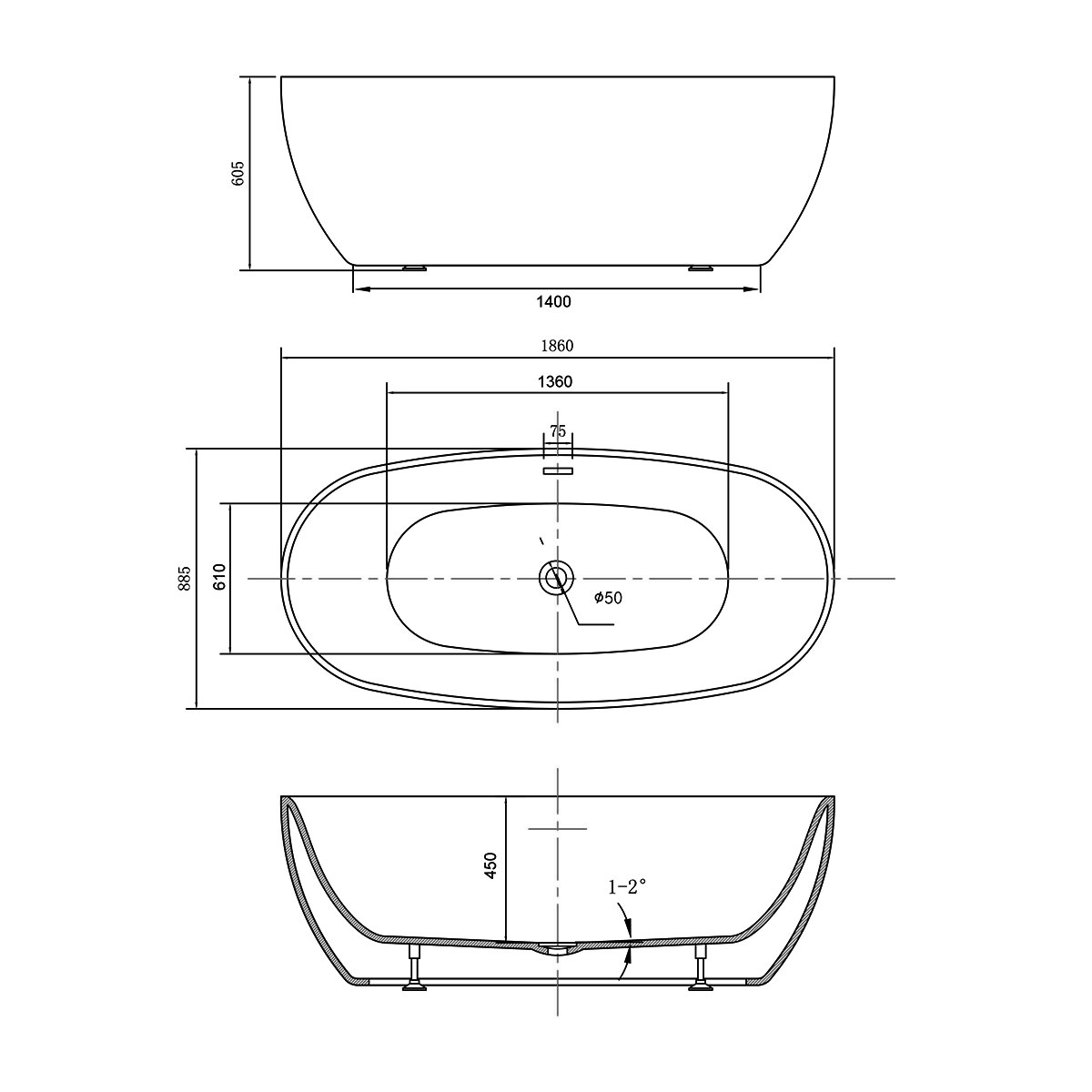 Ванна акриловая Vincea VBT-405-1860, 1860*885*605, цвет белый, щелевой перелив - Gidratop.ru изображение