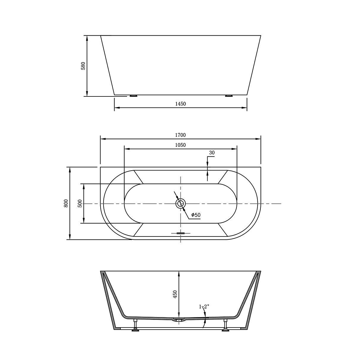 Ванна акриловая Vincea VBT-421-1700MW, 1700*800*580, цвет белый матовый, щелевой перелив, слив белый - Gidratop.ru изображение