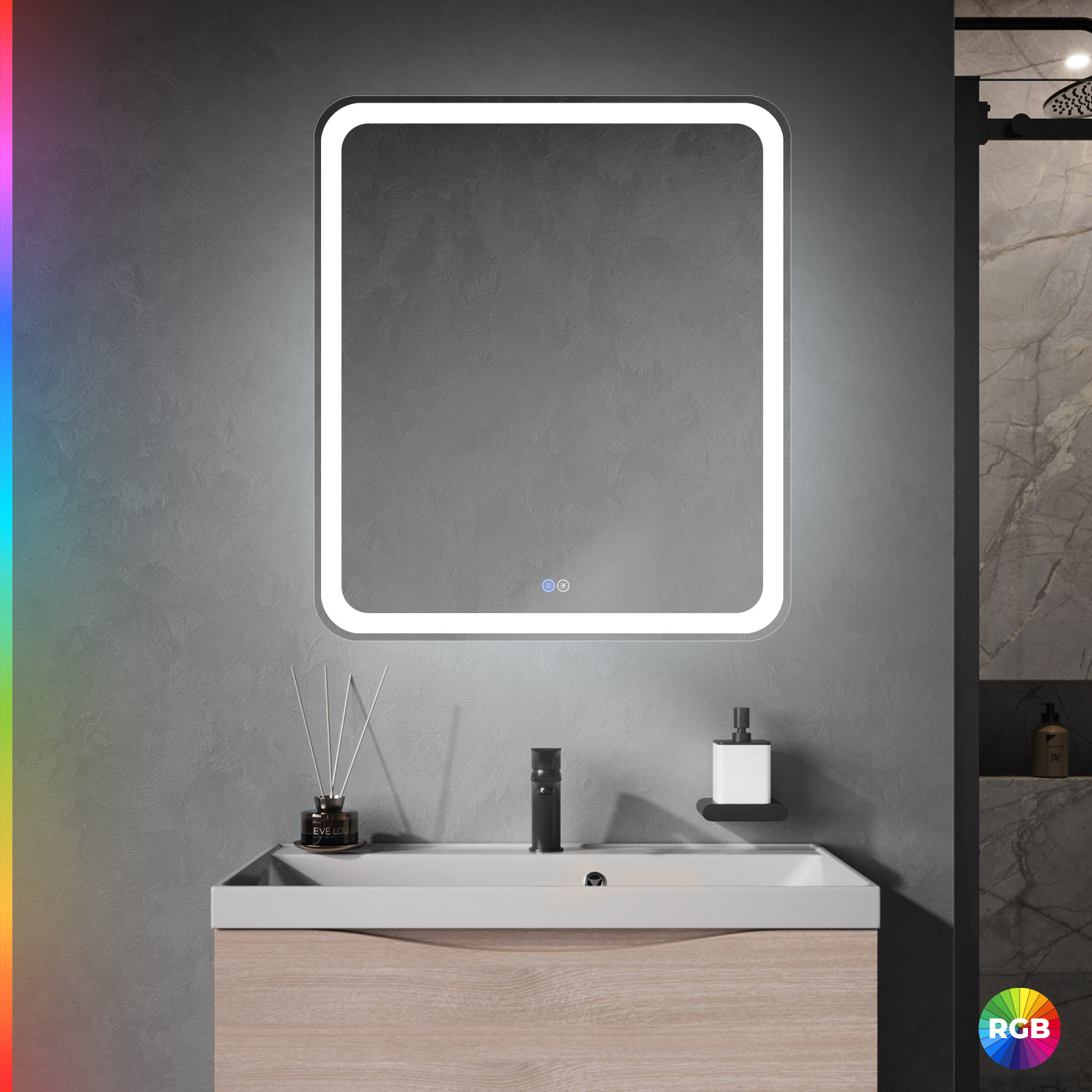 MULTICOLORE Зеркало со встроенной разноцветной подсветкой RGB и сенсорным выключателем CZR-SPC-MC-700-800-RGB-TCH, 12V, 220-240V, 700x800x30 - Gidratop.ru изображение