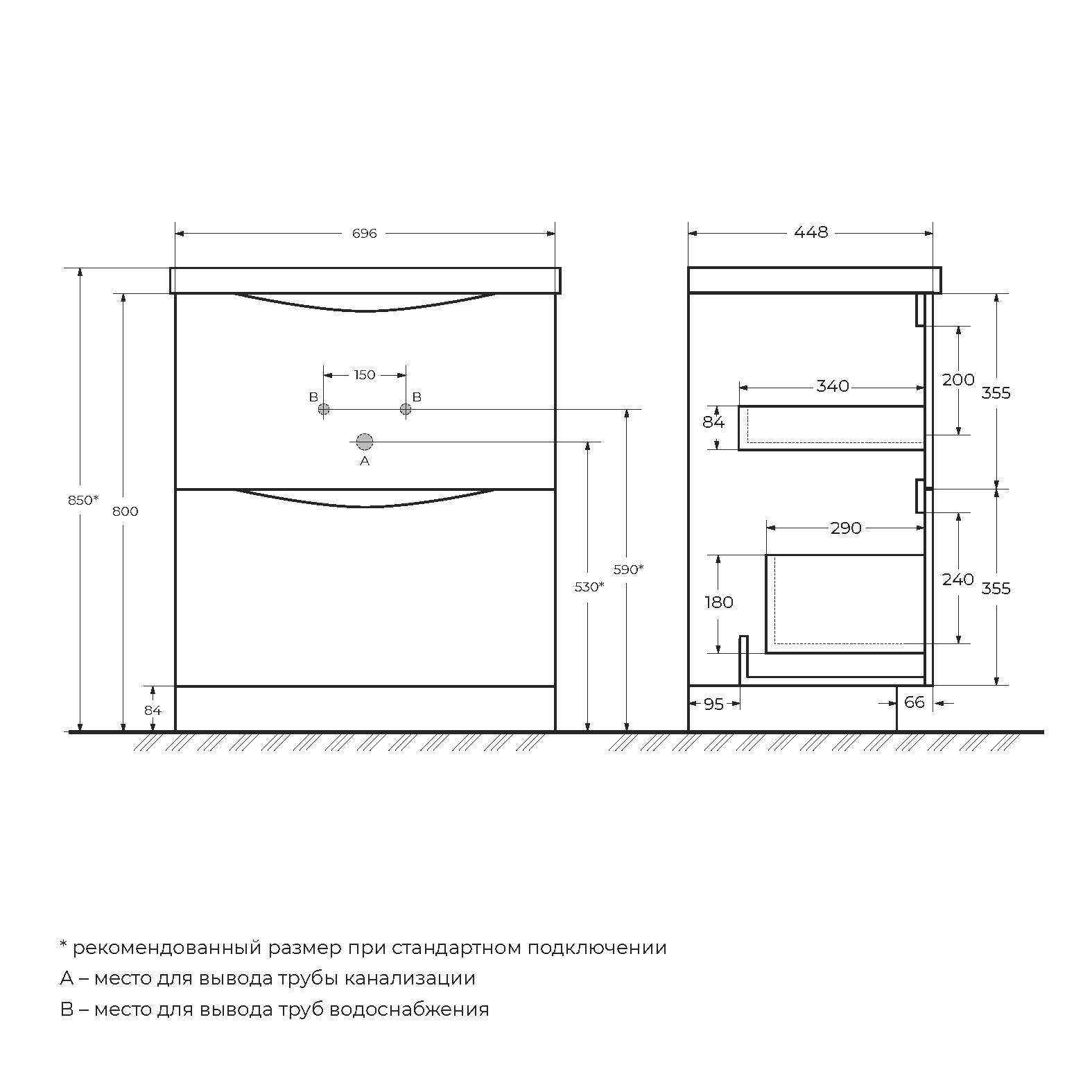 MARINO База под раковину напольная с двумя выкатными ящиками, Bianco Lucido, 700x450x805, MARINO-700-2C-SO-PIA-P - Gidratop.ru изображение