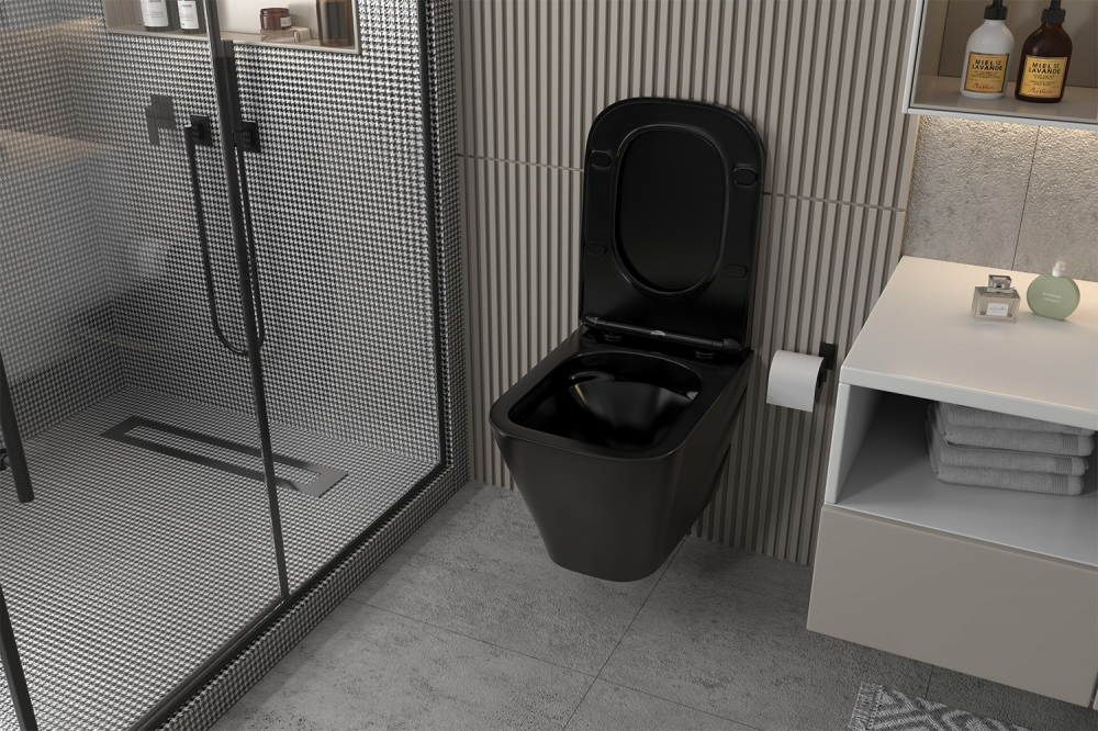 Комплект подвесной унитаз ABBER Rechteck AC1201MB черный матовый с инсталляцией AC0105 и кнопкой AC0120NG никель - Gidratop.ru изображение