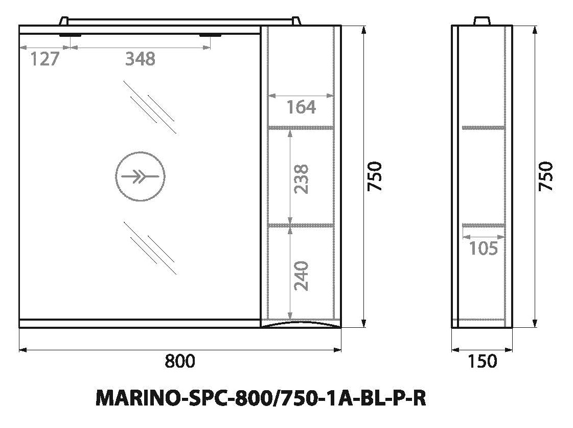 MARINO Шкаф зеркальный подвесной с одной распашной дверцей с доводчиками, LED 2x4W, правосторонний, Bianco Lucido, 800х150х750, MARINO-SPC-800/750-1A-BL-P-R - Gidratop.ru изображение