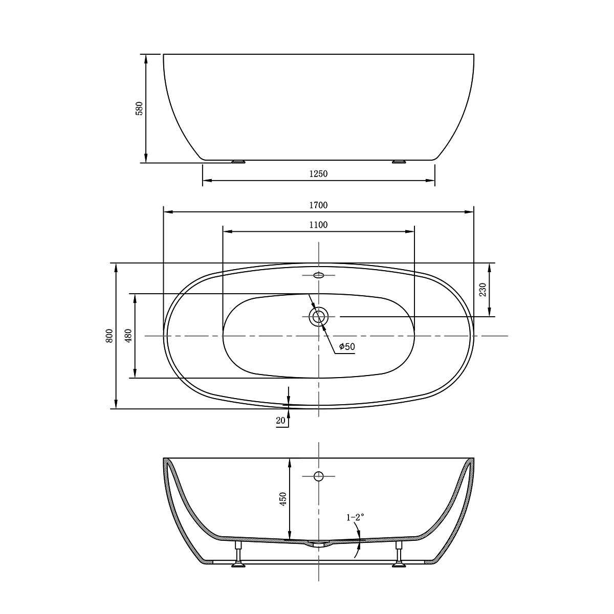Ванна акриловая Vincea VBT-405-1700, 1700*800*580, цвет белый, щелевой перелив - Gidratop.ru изображение