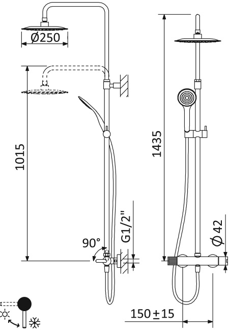 LEAF-CDA-25-L-01 Душевая стойка телескопическая, с верхним и ручным душем, верхний душ диаметр 250 мм , исполнение Хром - Gidratop.ru изображение
