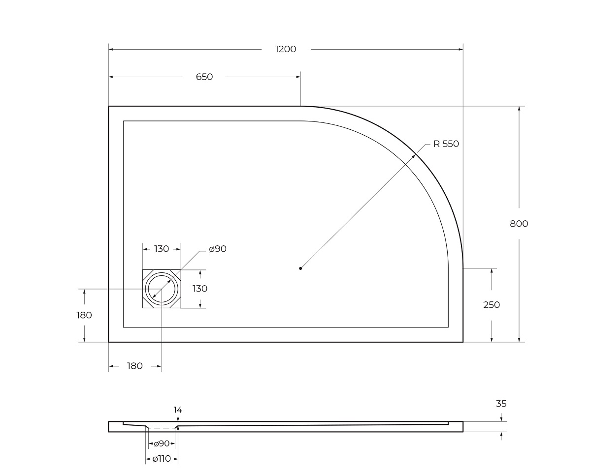 Душевой поддон из искусственного мрамора в комплекте с сифоном BelBagno UNO TRAY-MR-UNO-RH-120/80-550-35-W-R-BO - Gidratop.ru изображение