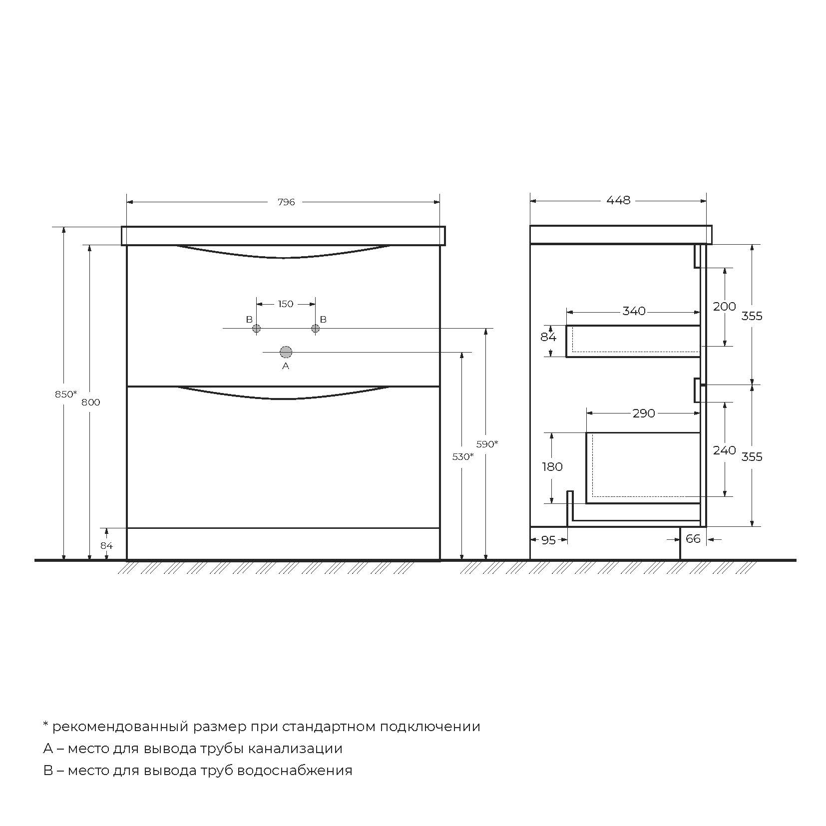 MARINO База под раковину напольная с двумя выкатными ящиками, Bianco Lucido, 800x450x805, MARINO-800-2C-PIA-BL-P - Gidratop.ru изображение