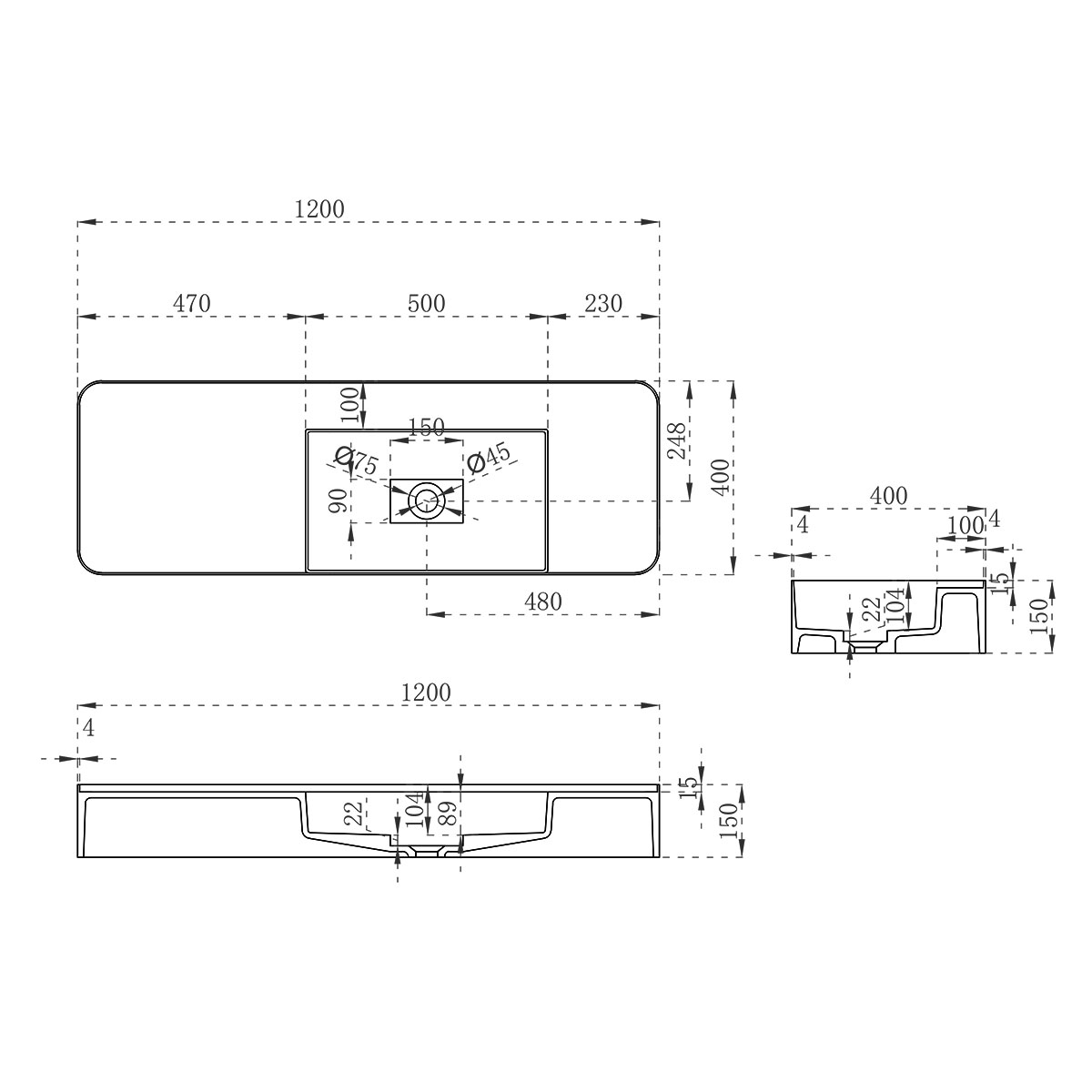 Раковина из искусственного камня Vincea VWB-6S412MW, 1200*400*150, подвесная, цвет белый матовый - Gidratop.ru изображение