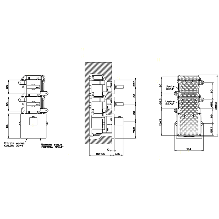 Gessi Rettangolo встраиваемый термостат, подключение на 3/4, с 2мя независимыми выходами(внешние части), цвет: хром - Gidratop.ru изображение