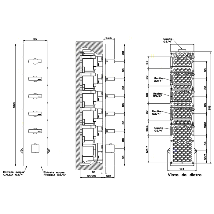 Gessi Rettangolo встраиваемый термостат, подключение на 3/4, с 5ю независимыми выходами(внешние части), цвет: хром - Gidratop.ru изображение