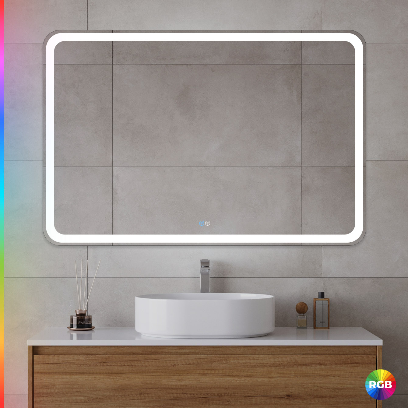 MULTICOLORE Зеркало со встроенной разноцветной подсветкой RGB и сенсорным выключателем CZR-SPC-MC-1200-800-RGB-TCH, 12V, 220-240V, 1200x800x30 - Gidratop.ru изображение