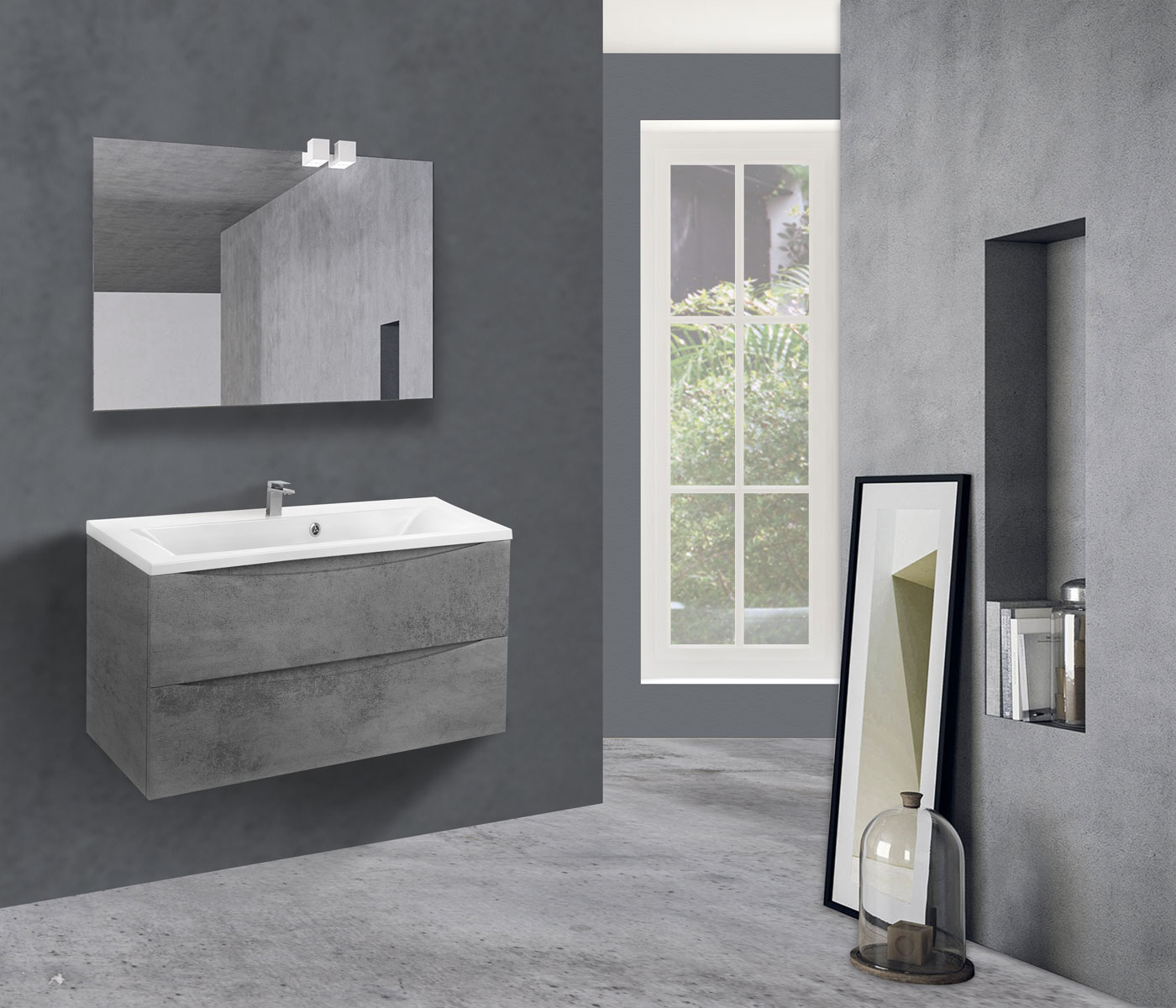 База под раковину Mia 900 подвесная, 2 выкатных ящика soft close, Beton - Gidratop.ru изображение