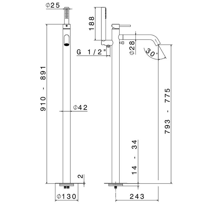 Newform X-STEEL 316 Смеситель для ванны напольный, излив 243 мм, в компл: руч. душ, шланг, без встр. части, (для 27819) цвет: PVD Brushed pale gold - Gidratop.ru изображение