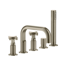 GESSI INCISO смеситель для ванны на 5 отверстий с изливом, переключателем, ручным душем и шлангом 1,50 м, цвет: Finox Brushed Nickel - Gidratop.ru изображение