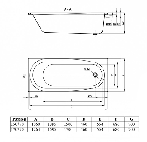 Ванна акриловая Vincea VBT-2B150-LG с ножками 1500*700*480, пристенная, цвет белый - Gidratop.ru изображение