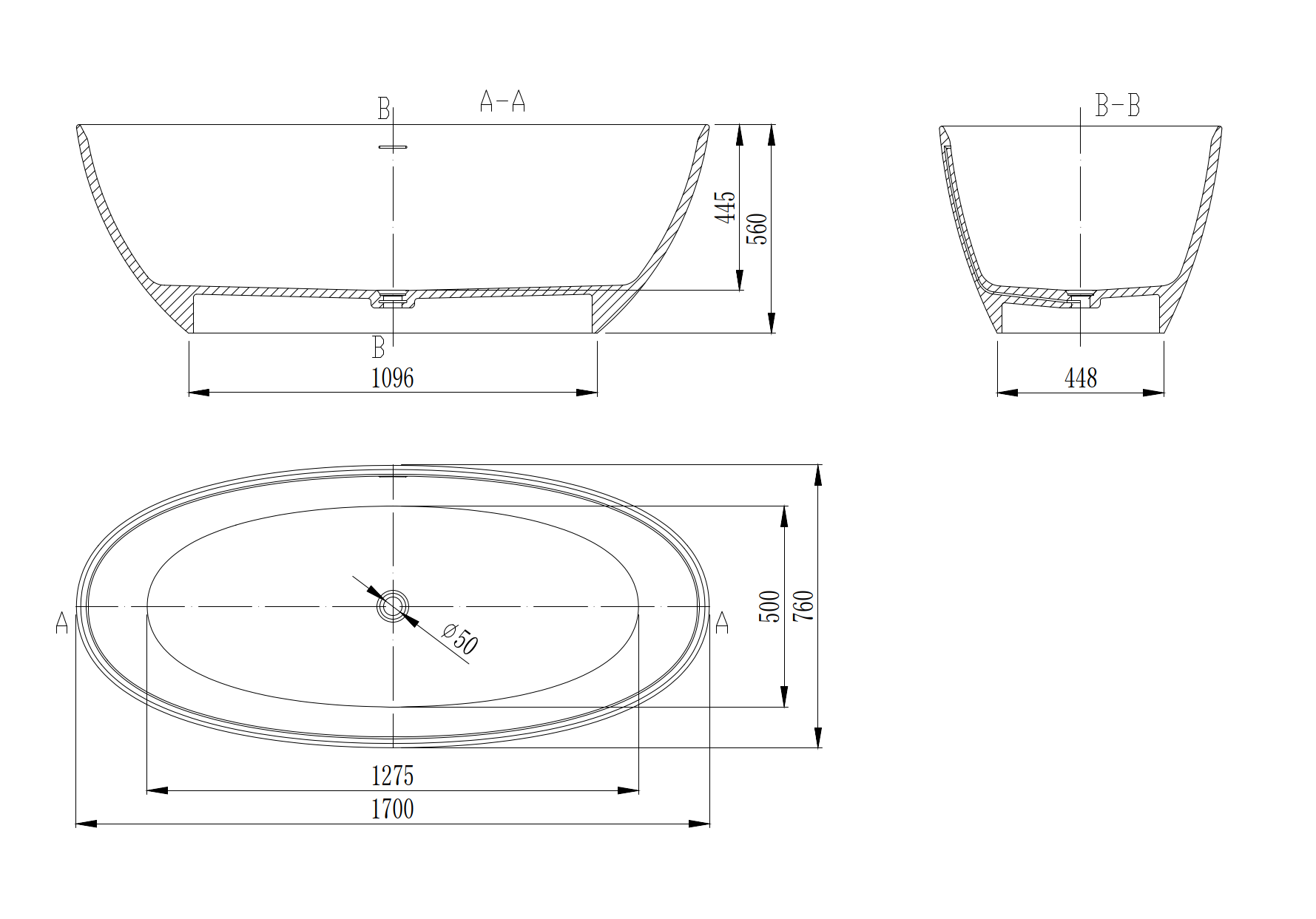 Ванна Solid Surface Vincea VBT-4S01MW, 1700*760*560, белый мат., слив-перелив в комплекте - Gidratop.ru изображение
