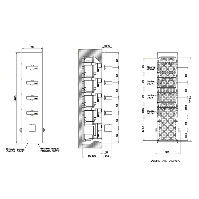 Gessi Rettangolo встраиваемый термостат, подключение на 3/4, с 4мя независимыми выходами(внешние части), цвет: хром - Gidratop.ru изображение