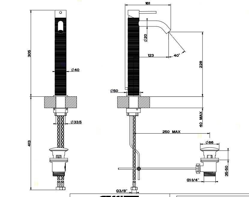 GESSI 316 смеситель для раковины на 1 отверстие, высокий, h=305мм, с донным клапаном, излив 123мм, цвет: steel brushed - Gidratop.ru изображение