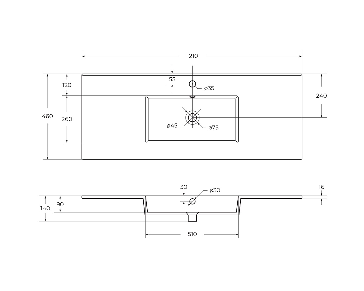 Керамическая раковина CZR-8002-120, 1210x460x140 - Gidratop.ru изображение