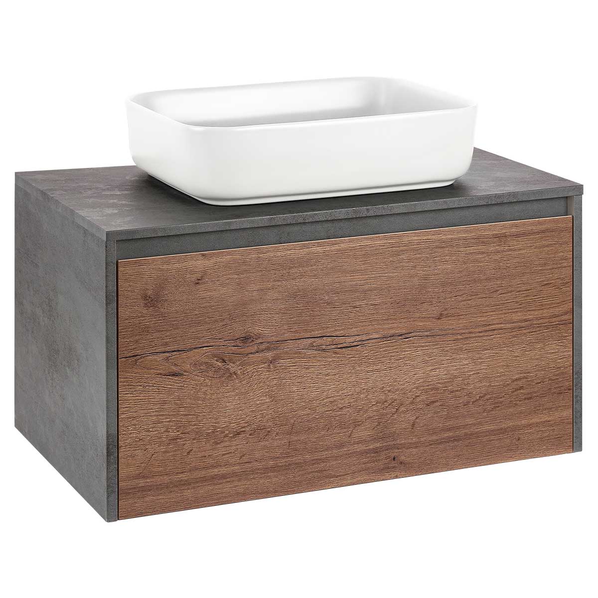 База под накладную раковину Mesa 800 подвесная, 1 выкатной/1 скрытый ящик soft close, T.Oak + Beton - Gidratop.ru изображение