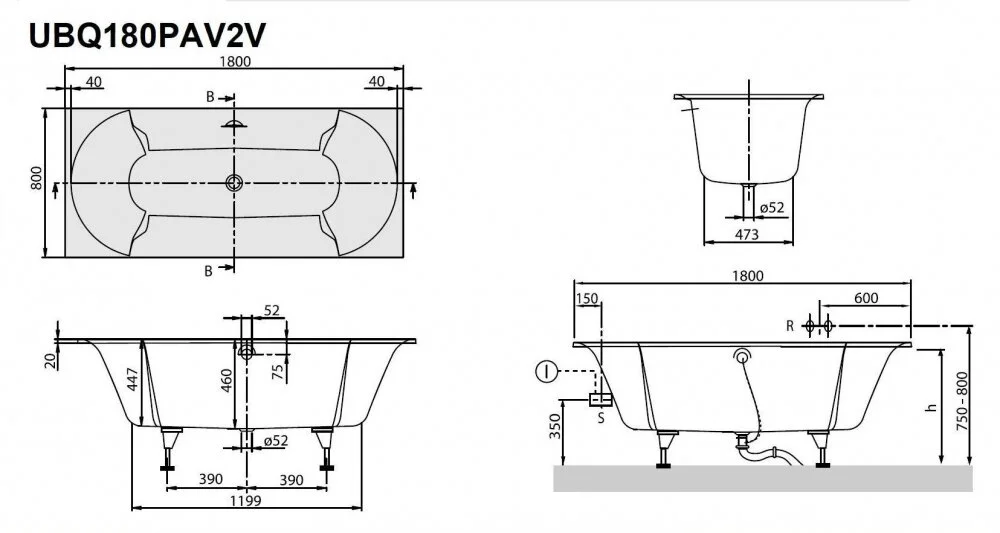 Ванна квариловая Villeroy&Boch Pavia 180 х 80 см UBQ180PAV2V-01, Quaryl®, Alpin - Gidratop.ru изображение