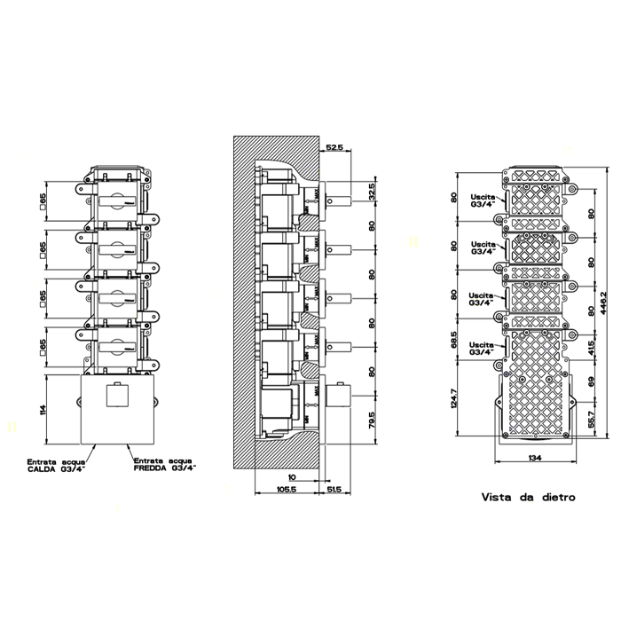 Gessi Rettangolo встраиваемый термостат, подключение на 3/4, с 4мя независимыми выходами(внешние части), цвет: хром - Gidratop.ru изображение