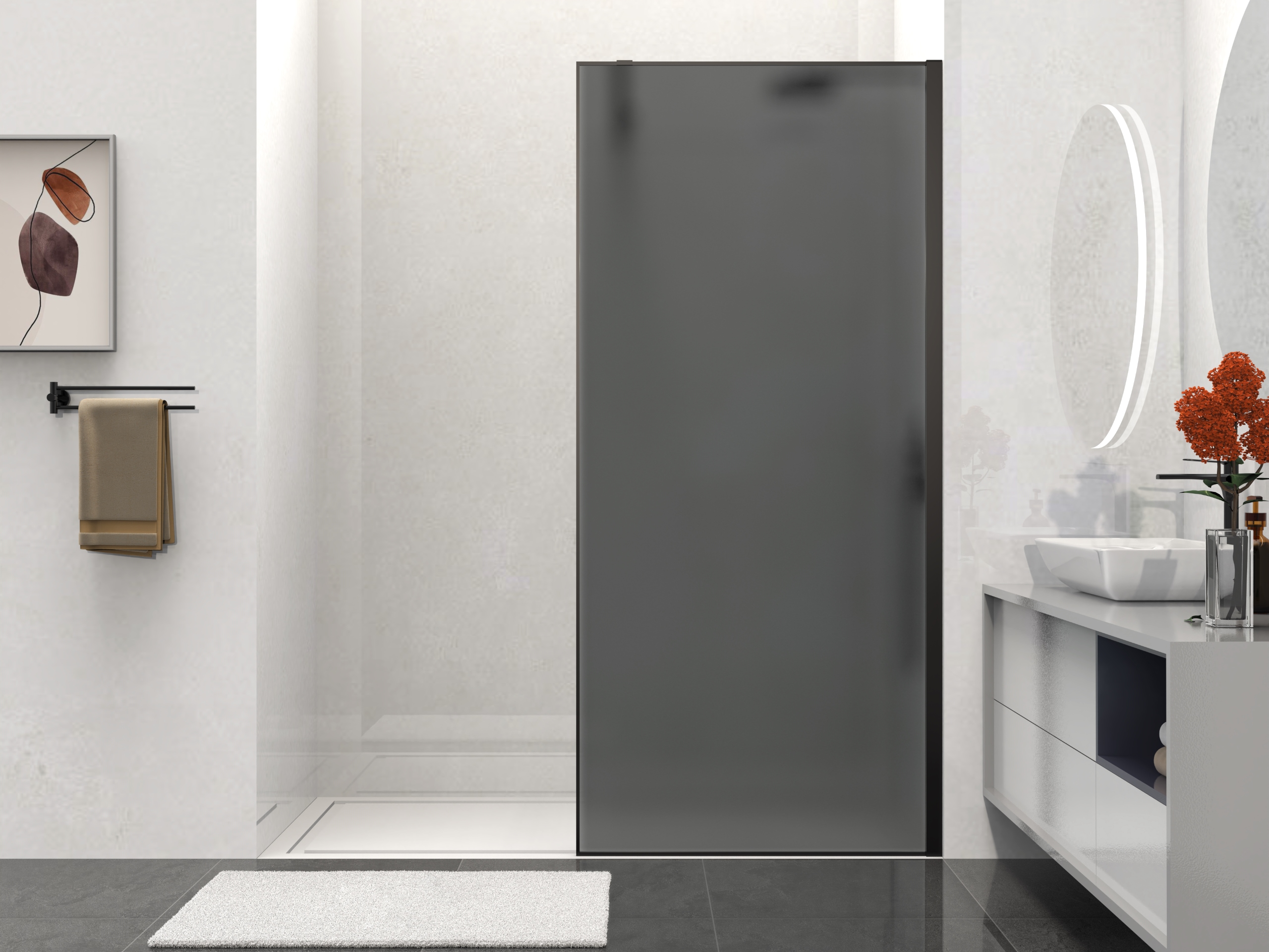 Душевая перегородка Walk-In VSW-1HS100GFB, 1000*2000, черный матовый, стекло матовое тонированное - Gidratop.ru изображение