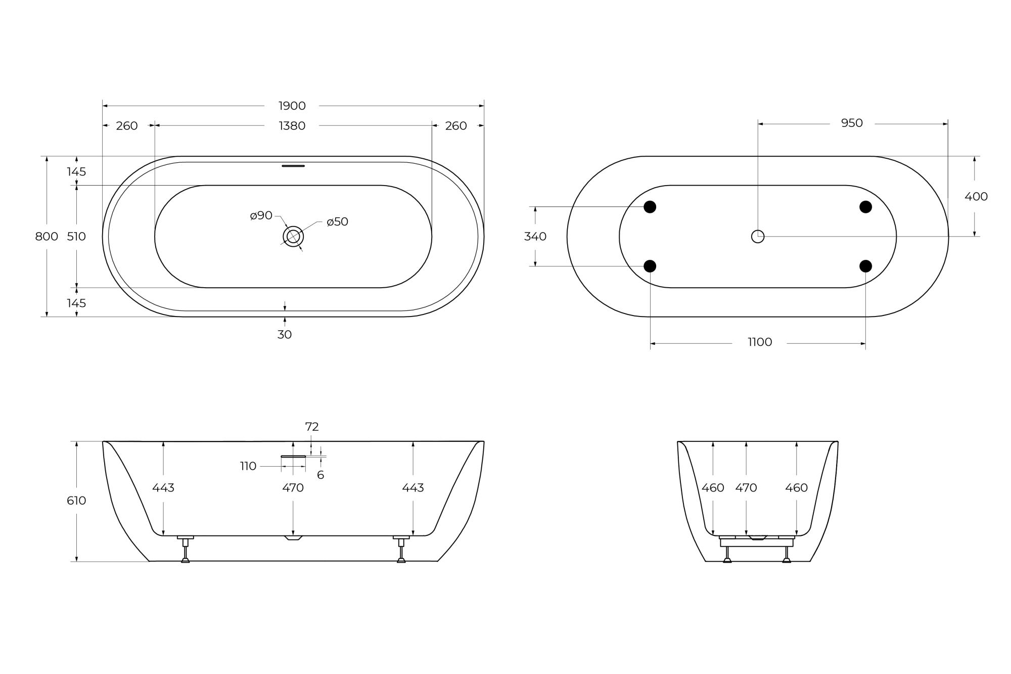 Акриловая ванна BELBAGNO BB417-1900-800 - Gidratop.ru изображение