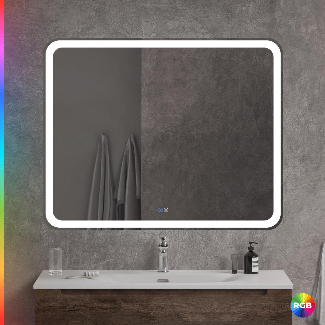 MULTICOLORE Зеркало со встроенной разноцветной подсветкой RGB и сенсорным выключателем CZR-SPC-MC-1000-800-RGB-TCH, 12V, 220-240V, 1000x800x30 - Gidratop.ru изображение