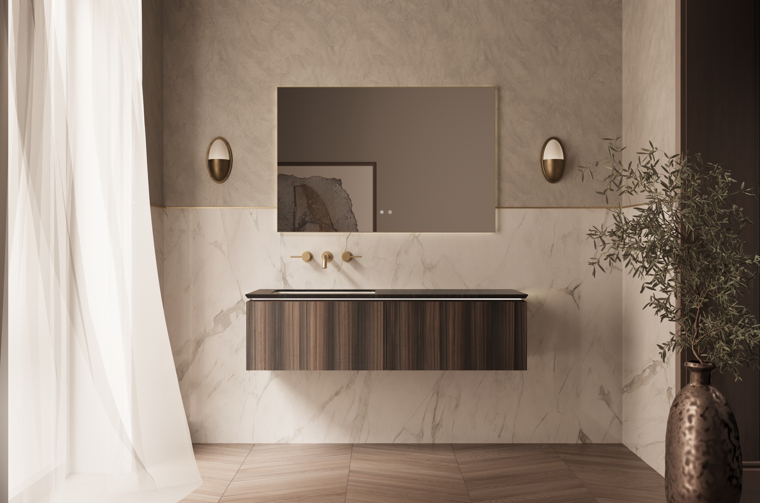 База под раковину Luxe 1400 подвесная, 2 выкатных ящика soft close, натуральный орех - Gidratop.ru изображение