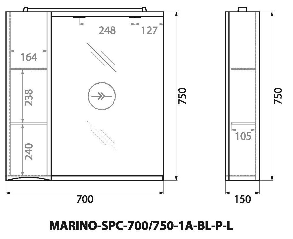 MARINO Шкаф зеркальный подвесной с одной распашной дверцей с доводчиками, LED 2x4W, левосторонний, Bianco Lucido, 700х150х750, MARINO-SPC-700/750-1A-BL-P-L - Gidratop.ru изображение