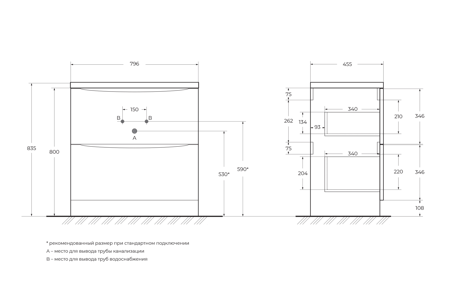ACQUA База под раковину напольная с двумя выкатными ящиками, Bianco Lucido, 800x450x810, ACQUA-800-2C-PIA-BL - Gidratop.ru изображение