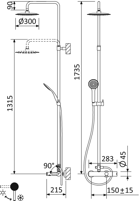 LEAF-CVDA-30-L-SR Душевая стойка телескопическая, с изливом с верхним и ручным душем, верхний душ диаметр 230 мм АБС пластик, исполнение Sunrise - Gidratop.ru изображение