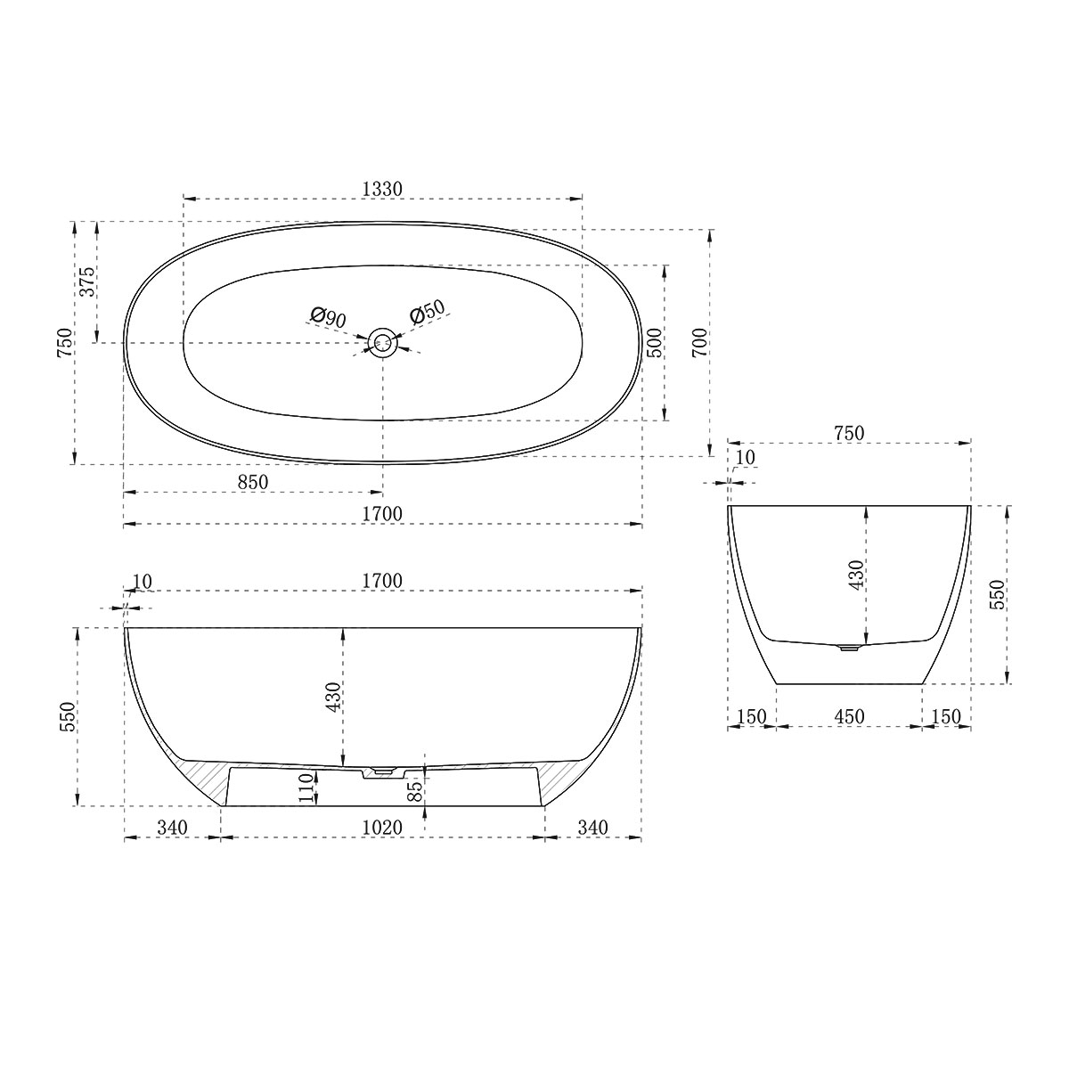 Ванна прозрачная Vincea VBT-6T01BR, 1700*750*550, цвет янтарь - Gidratop.ru изображение