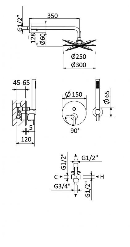 LEAF-DSIP-T-25-SR Душевая система термостатическая с дивиатором для верхнего и ручного душа, верхний душ из стены 25 см, исполнение Sunrise - Gidratop.ru изображение