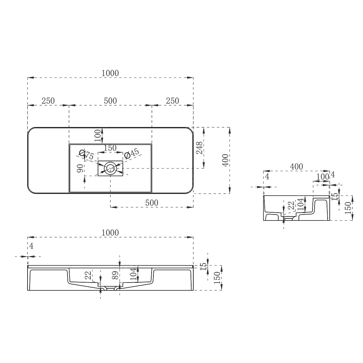 Раковина из искусственного камня Vincea VWB-6S380MW, 1000*400*150, подвесная, цвет белый матовый - Gidratop.ru изображение