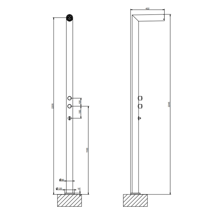 GESSI OUTDOOR душевая стойка для установки на улице, напольная, на 2 выхода, без ручек, ручного душа и верхнего душа, внешняя часть, цвет Corten - Gidratop.ru изображение