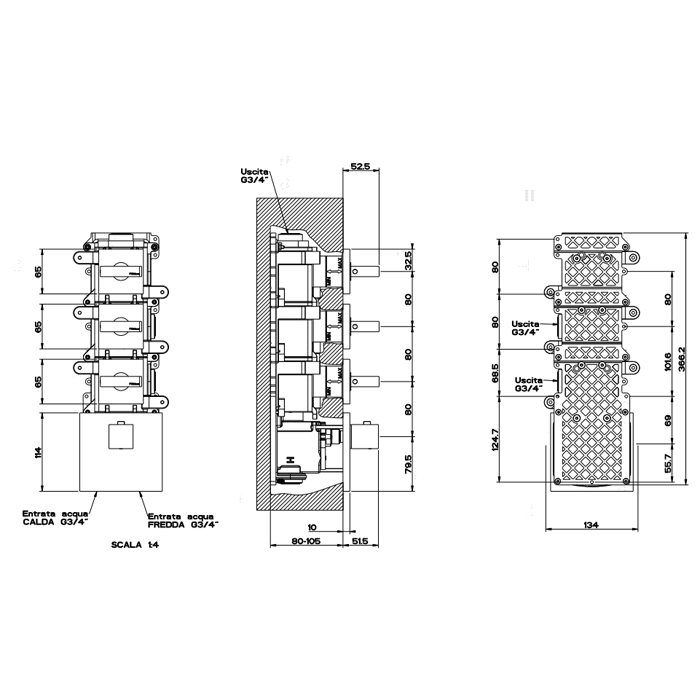 Gessi Rettangolo встраиваемый термостат, подключение на 3/4, с 3мя независимыми выходами(внешние части), цвет: хром - Gidratop.ru изображение