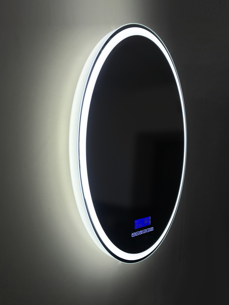 Зеркало с встроенным светильником, сенсорным выключателем, bluetooth, цифровым термометром, радио SPC-RNG-800-LED-TCH-RAD, 12W, 220-240V, 800x30 - Gidratop.ru изображение