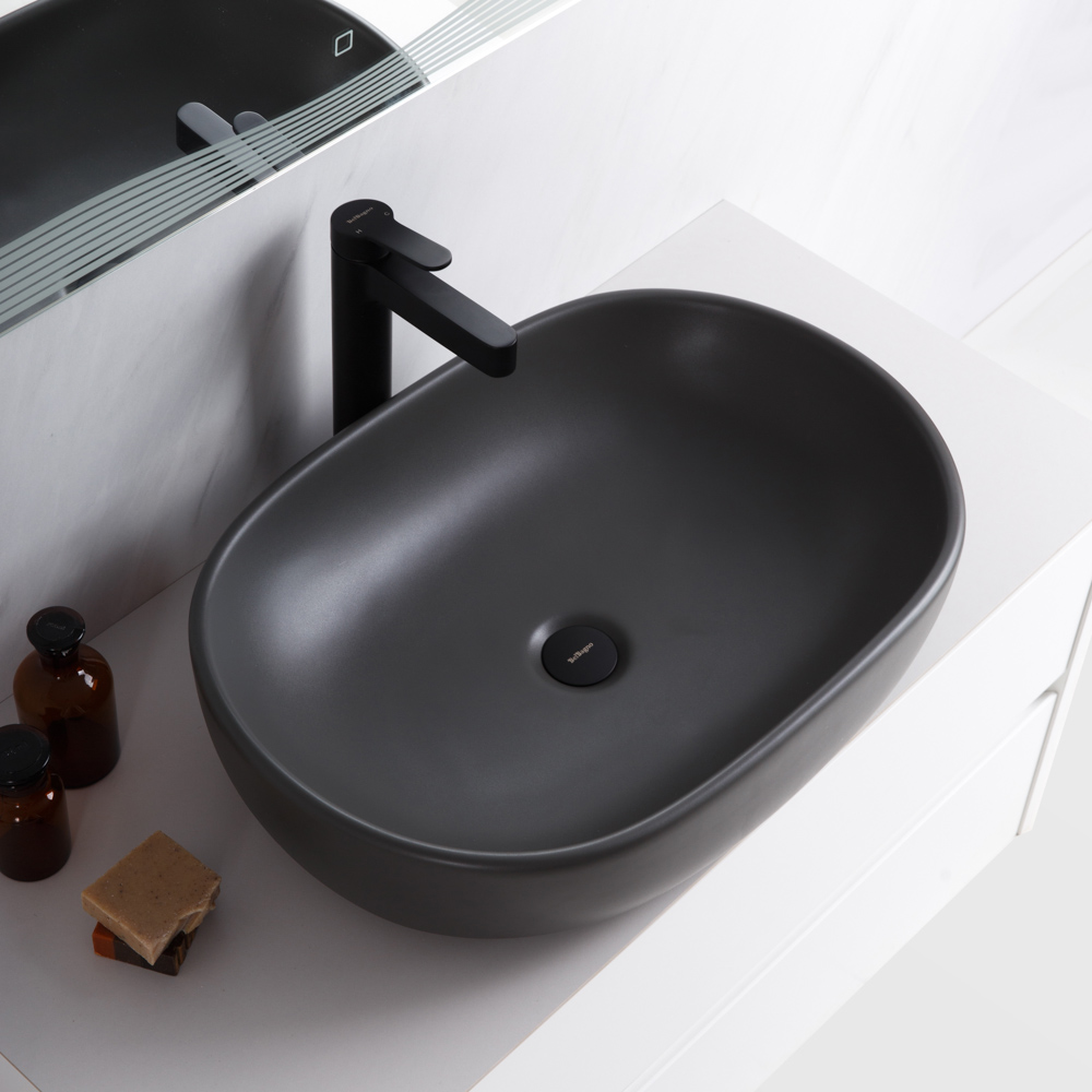Раковина накладная керамическая, овальная, серая матовая, BB1084-H311, 600x420x140 - Gidratop.ru изображение