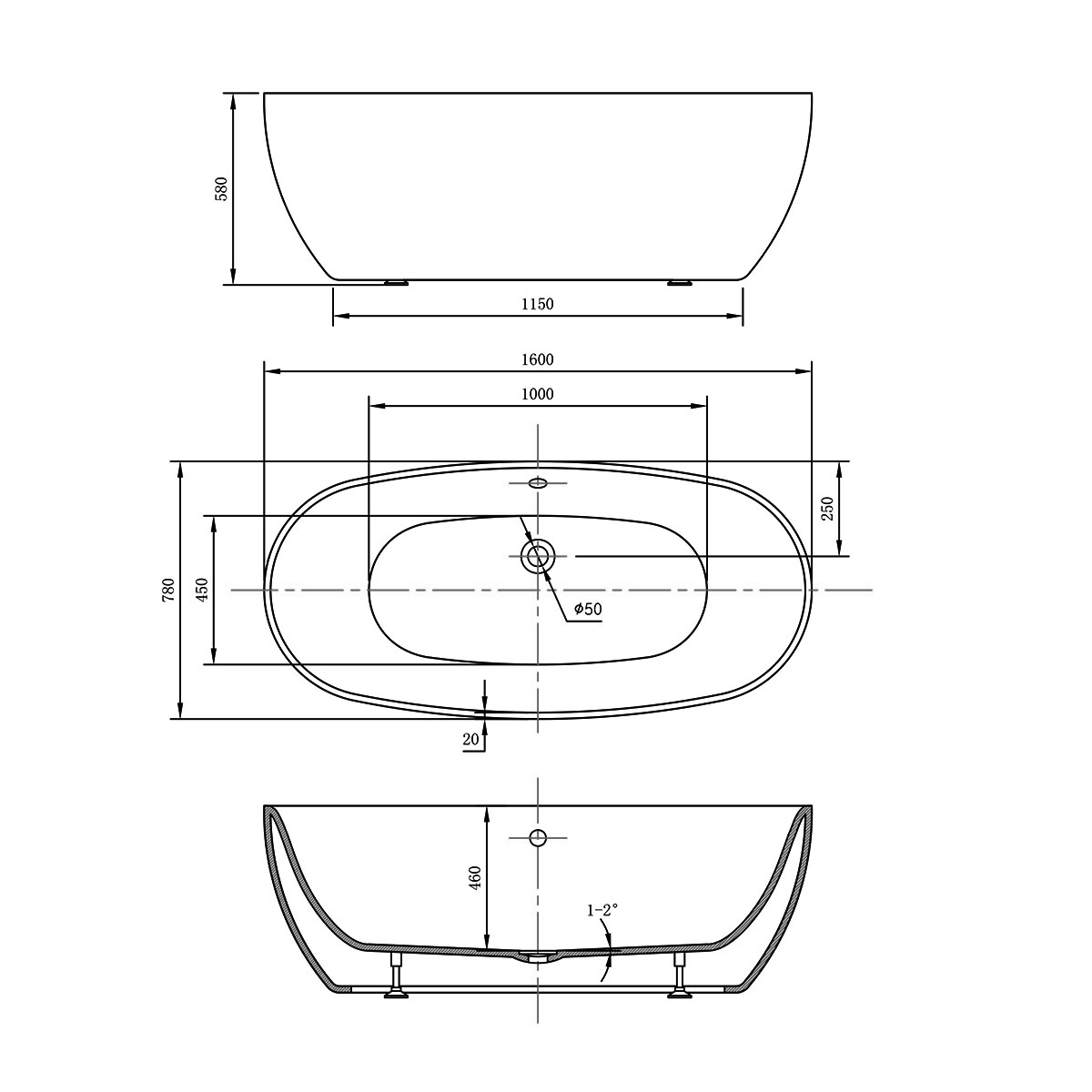 Ванна акриловая Vincea VBT-405-1600, 1600*780*580, цвет белый, щелевой перелив - Gidratop.ru изображение