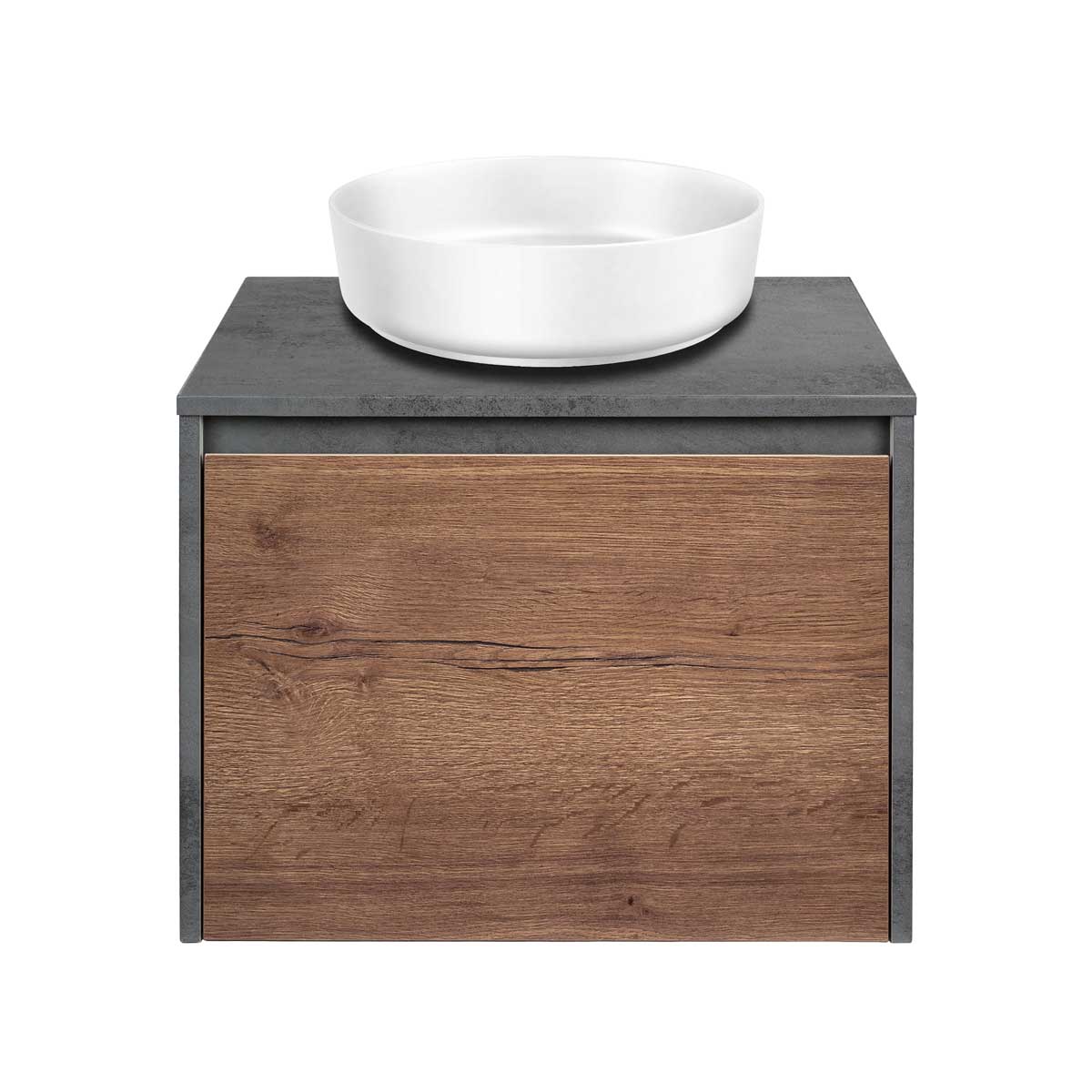 База под накладную раковину Mesa 600 подвесная, 1 выкатной/1 скрытый ящик soft close, T.Oak + Beton - Gidratop.ru изображение