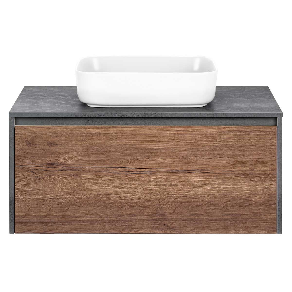 База под накладную раковину Mesa 1000 подвесная, 1 выкатной/1 скрытый ящик soft close, T.Oak + Beton - Gidratop.ru изображение
