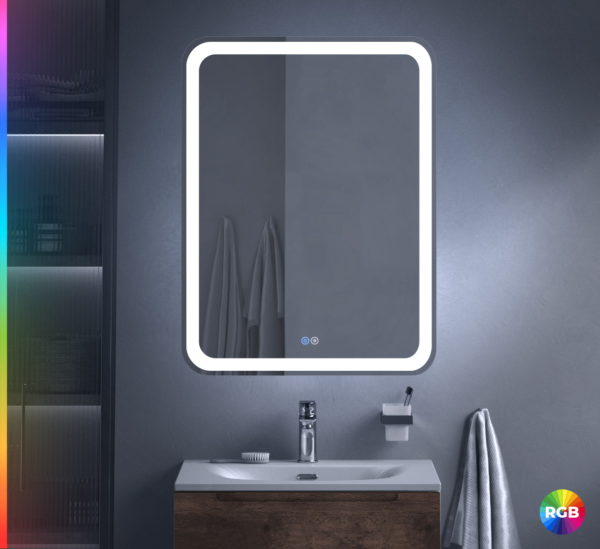 MULTICOLORE Зеркало со встроенной разноцветной подсветкой RGB и сенсорным выключателем CZR-SPC-MC-600-800-RGB-TCH, 12V, 220-240V, 600x800x30 - Gidratop.ru изображение
