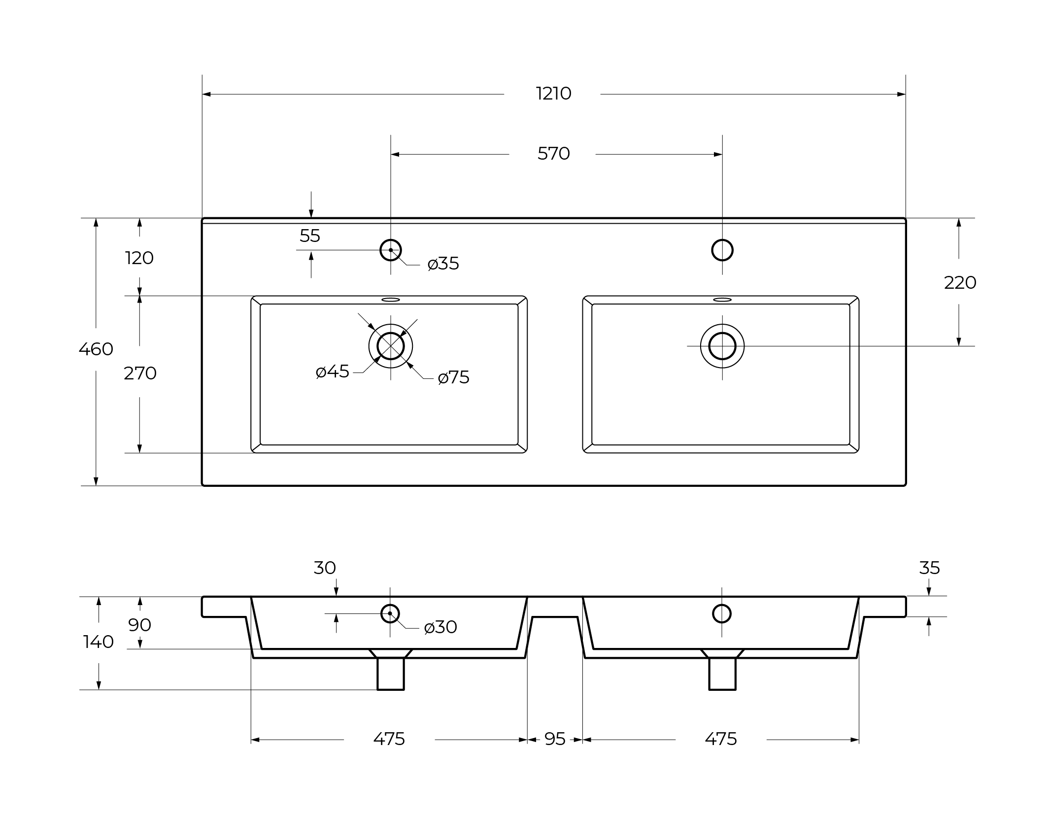Керамическая раковина с двумя чашами CZR-8070-120-2, 1210x460x140 - Gidratop.ru изображение