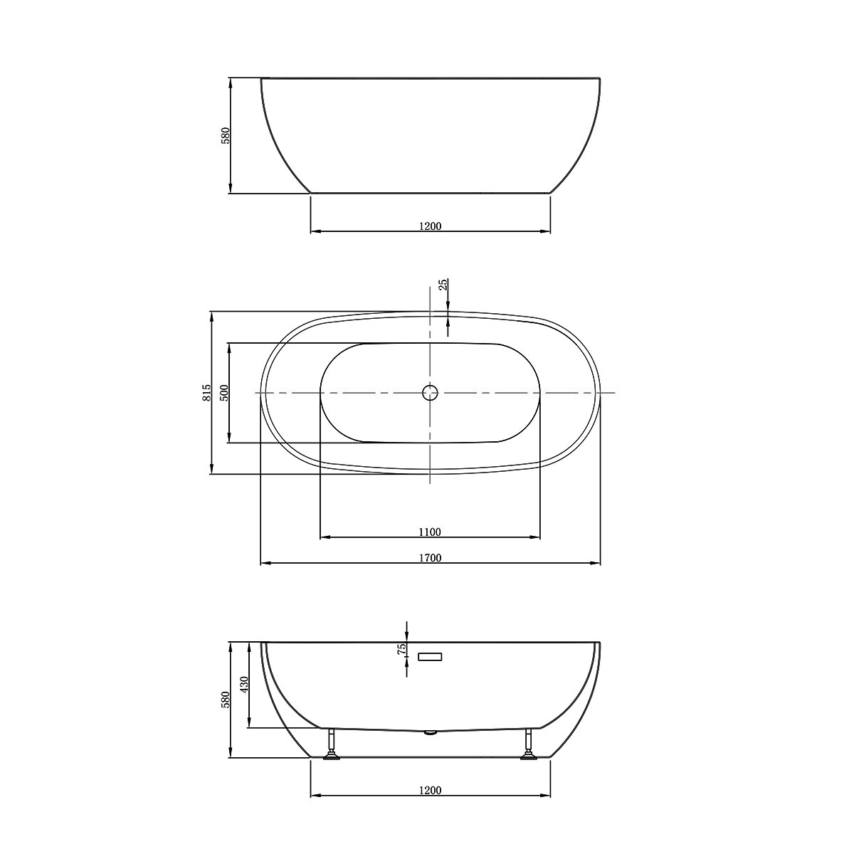 Ванна акриловая Vincea VBT-408-1700 1700*815*580, цвет белый, щелевой перелив - Gidratop.ru изображение