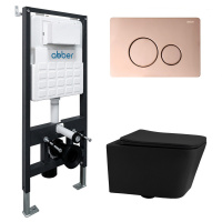 Комплект подвесной унитаз ABBER Rechteck AC1201MB черный матовый с инсталляцией AC0105 и кнопкой AC0121RG золото розовое - Gidratop.ru изображение